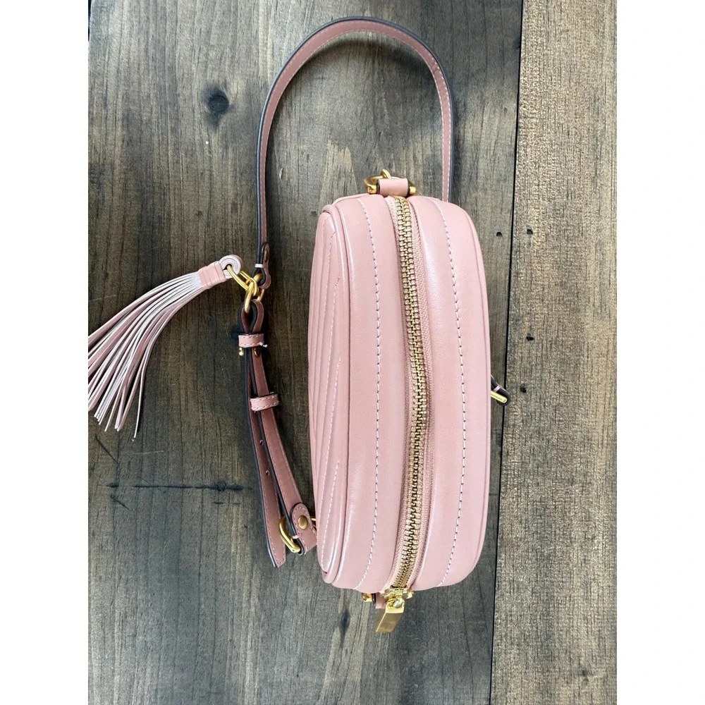 Tory Burch Kira Chevron Small Camera Bag Pink Moon Quilted Leather Crossbody